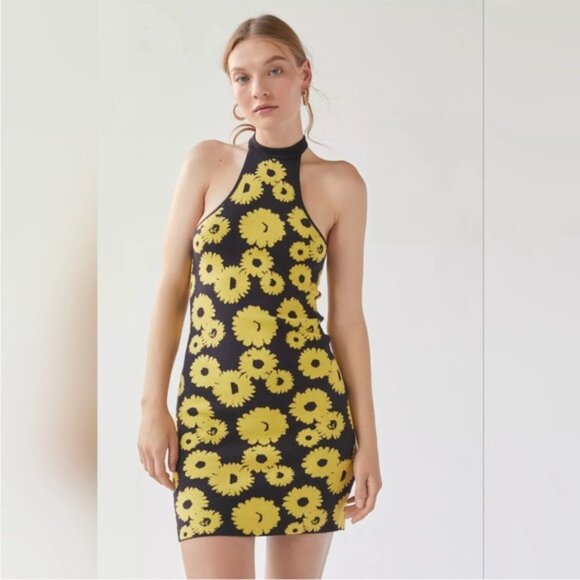 Urban Outfitters | Charlie Mockneck Sweater Dress New Medium Floral Black Yellow - Picture 5 of 9